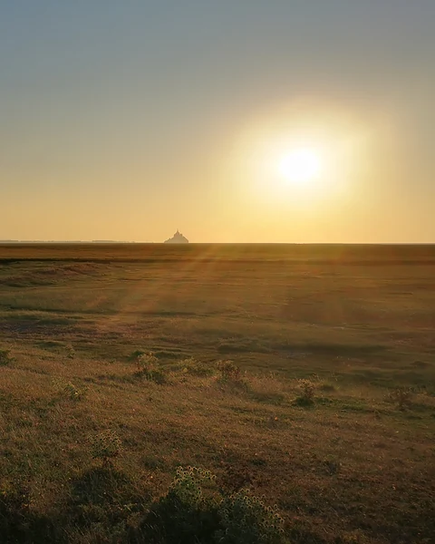 Les prés salés de la baie dorés par le soleil couchant, le Mont-Saint-Michel en silhouette à l’horizon