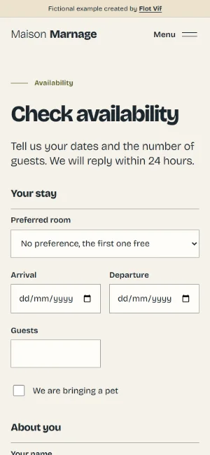 The example's availability request form, in English, on a phone