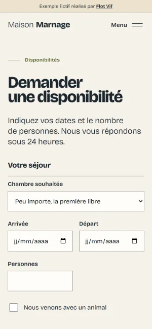 Le formulaire de demande de disponibilité de l’exemple, en français, sur téléphone